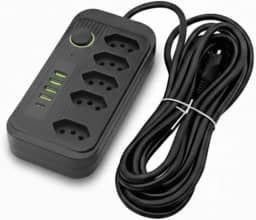 Extensão Tomada, Régua Tomada, Régua de Energia, 5 Tomadas, 4 Interfaces USB, 1 Porta USB Tipo-C, Cabo de Alimentação de 2 metros, Suporte a Tensão de 110-220V, Potência de 2500W (Preto)