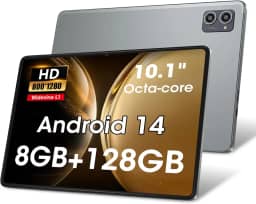 Azeyou Tablet Android 14 atualizados 2025, processadores Octa-core para tablet de 10,1 polegadas com 8 GB de RAM, 128 GB de ROM, tela sensível ao toque IPS, Wi-Fi 6, BT 5.0, câmera dupla, bateria de