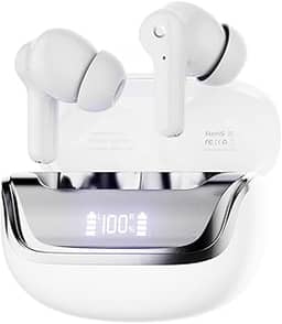 Fone de Ouvido Bluetooth, Basike Fone sem Fio TWS, Bluetooth 5.3 Até 60 Horas de Bateria, Toque Sensível, 62dB ANC Cancelamento de Ruído Musicas Graves Potentes para Academia Corrida (Branco)