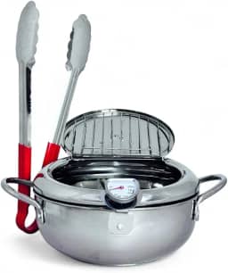 Fritadeira Japonesa em Aço Inox, 29cm, 4,2L, com Tampa e Termômetro, Escorredor de Óleo