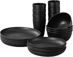 Conjunto Aparelho de Jantar 18 Peças, 6 Pratos, 6 Bowls, 6 Copos, Preto, Resistente, Serviço de Janta Resistente, Jogo de Louça Luxo