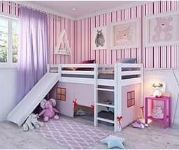 Cama Alta Kids com Escorregador e Tenda em Madeira Maciça/mdf Branco/rosa