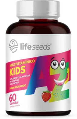 Multivitamínico AZ Kids - Vitaminas A, D, E, K, C, B1, B2, B3, B5, B6, B7, B9, B12, Cálcio, Cromo, Ferro, Magnésio, Selênio e Zinco - Sabor Morango - 60 Cápsulas Mastigáveis