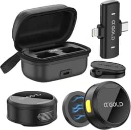 Kit 2 Microfones de Lapela aGold - Profissional - Com Imã Sem Fio + Case de Carregamento - Bluetooth - Redução de Ruído Até 12 Horas Autonomia a Compatível com Camera, iPhone, Android e USB-C.