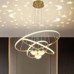 Lustre LED Dimerizável com Projeção de Galáxia e 3 Anéis | Luminária Pendente para Sala de Jantar sobre Mesa, Ilha de Cozinha, Sala de Estar e Quarto com 3 Cores (Ouro)
