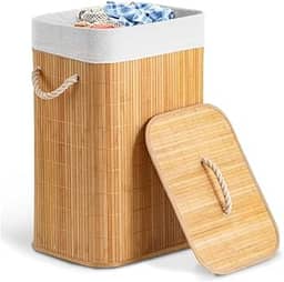 Cesto de Bambu Roupa Suja em Bambu Natural com Tampa 60L Alças de Corda Forro Removível Ideal Para Lavanderia Área de Serviço Banheiro e Quarto Premium
