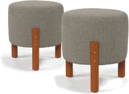 Kit 2 Puff Redondo Luxo Decorativo Charme com Pés de madeira Linho Cinza - PC MÓVEIS