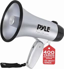 Bullhorn portátil para alto-falante Megafone – Compacto e operado com bateria de 20 watts, microfone, 2 modos, som PA e alça dobrável para líder de torcida e uso policial – Pyle PMP23SL (prata)