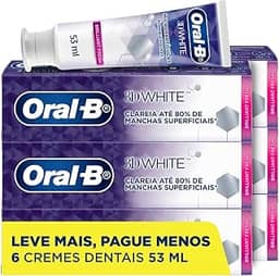 Oral-B Pasta de Dente 3D White Brilliant Fresh, Clareador Avançado com Micropartículas Clareadoras, Elimina até 80% das manchas superficiais 53 ml, 6 Unidades