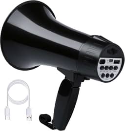 Megafone Bullhorn recarregável de 20 watts com sirene e gravação 240s, entrada BT e USB, alto-falante megahone com visor de energia e alça portátil (preto)