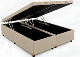 Cama Box Baú Queen Bipartido 79, Blindado, Pistão á Gás, Pés de Madeira (Corino, Bege)