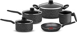 Jogo de Panelas Rochedo Stone Pro 5 peças, Preto com Efeito Pedra e Antiaderente Minerium, Cabos Ergonômicos, Base de Limpa Fácil e Distribuição Uniforme de Calor