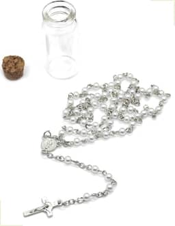 Terço Católico Feminino Colar Pérolas Nossa Senhora Aparecida — Medalhas e Crucifixo Dupla Face em Aço Inoxidável — Acompanha Garrafinha para Armazenar — Fé