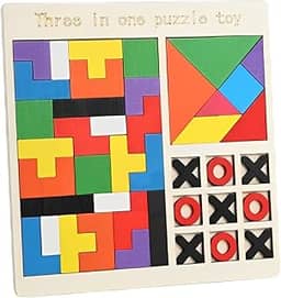 Tabuleiro Educativo 3 Em 1 Tangram Jogo da Velha e Quebra Cabeça Colorido Para Crianças