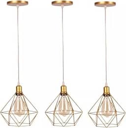 Pendentes Diamante Aramado Dourado Cabo Regulável Kit C/3