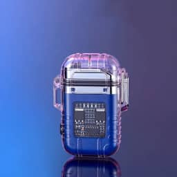 Isqueiro elétrico à prova d'água, 3 modos de lanterna, arco duplo, isqueiro de plasma, recarregável por USB, à prova de vento, sem chama, sobrevivência, EDC, acampamento, sobrevivência tático (azul)