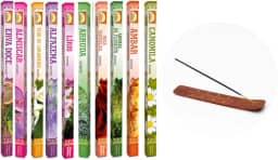 Kit 10 Incensos Massala Indianos + 1 Incensário Madeira – Aromaterapia, Meditação, Ambientes Zen, Relaxamento, Fragrâncias Naturais, Alta Durabilidade, Queima Prolongada