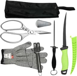 Conjunto de 7 facas de pesca, kit de limpeza de peixe, faca de filé para peixe, escova de limpeza de escama de peixe, tesouras multifuncionais, luvas, pinças de espinha de peixe, bolsa de