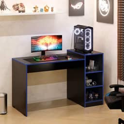 Mesa Gamer Escrivaninha com Nichos Azul e Preto