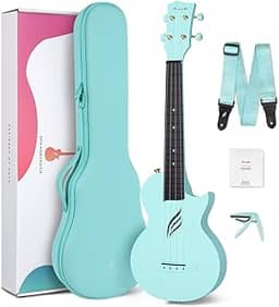 Ukulele concert Enya Nova U 58 cm, de fibra de carbono, ukulele de viagem com kit para iniciantes inclui aulas online (sem garantia de versão em português), estojo, alça, capo e cordas (azul)