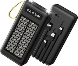 Power Bank 20000mah com Lanterna Carregador Portatil Solar com 4 Cabos Integrados 2 Entradas Externo Bateria Portatil com Display de Energia em LED para Camping de Viagens
