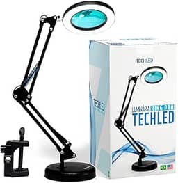 Luminaria Led Ring Light de Mesa Articulavel Abajur C/Garra Controle Intensidade Lupa Aumento Preta