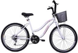 Bicicleta Feminina 26 Beach Branca de 18 Velocidades com Aros duplos, Pneus Slik e Cesta - Dalannio Bike