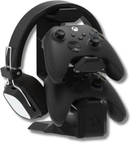 Suporte de Mesa Preto Compatível com 2 Controles e Headset – Organização para Xbox One, Series X|S, PS4, PS5 DualSense com Estabilidade e Estilo