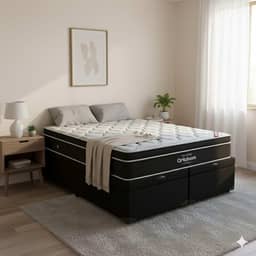 Cama Box Baú King Size Bipartido Corino + Colchão de Molas Ensacadas Elegant - 1.92x2.03 (Preto)