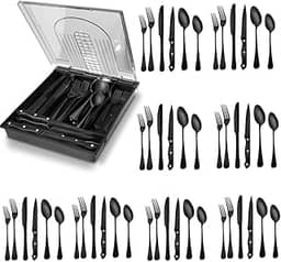 Faqueiro, Jogo de Talheres 48PCS, 410 Faqueiro Inox, caixa de armazenamento removível, Jogo de Talheres, Faqueiro Dourado, Conjunto completo de talheres, para presentes, Preto
