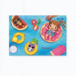 Foroni Caderno de Caligrafia Ternuritas, Capa Dura, 48 Folhas, 200mm x 275mm, Design Infantil com Piscina e Personagens, Ideal para Ensino Fundamental