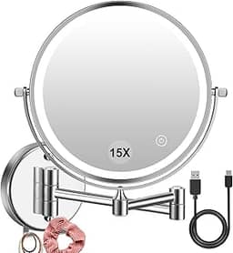 Amelar Espelho de maquiagem LED montado na parede 1 ×/15 × ampliação – recarregável por USB, luz sensível ao toque de 3 cores, rotação de 360°, dupla face de 20 cm, bateria de 2000 mAh, ideal para