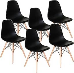 Decoreshop, Kit 6 Cadeiras Charles Eames Eiffel DSW Sala de Jantar, Cozinha, Restaurante, Bar - assento em polipropileno, pés palito em madeira clara (Preto)