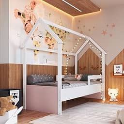 Cama Infantil Montessoriana Casinha Menino Menina Solteiro 196cm com Proteção Lateral Branco com Rosa