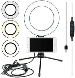 Ring Light LED 6” com Tripé de Mesa e Suporte para Celular | Iluminador Circular com 3 Modos de Cor e 10 Níveis de Brilho para Fotos, Vídeos, Lives e Maquiagem