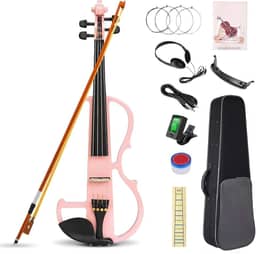 VEDO Violino Elétrico, Conjunto de Violino Elétrico Silencioso 4/4, Violino de Madeira Maciça e Metal, com Acessórios em Ébano, Kit para Iniciantes Adultos e Adolescentes (Rosa)