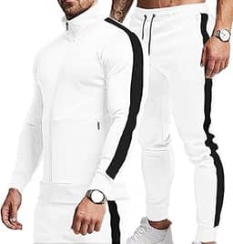 Conjunto de 2 peças de agasalho esportivo casual masculino com zíper e bolsos com zíper