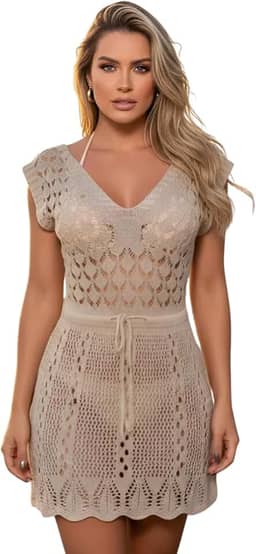 Saida de Praia Crochê Vestido Curta Tricot Rendado Cinturada Manga Curta Elegante Saida de Banho Piscina Canga Verão