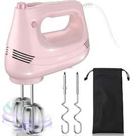 GUALIU Batedeira elétrica manual com batedor de aço inoxidável, acessório de gancho de massa e bolsa de armazenamento, batedeira portátil para assar bolos, ovos, batedeiras de creme de alimentos.