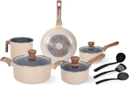 Jogo de Panelas Indução Cerâmica Antiaderente 8 Peças, Adequado para Fogão a Indução, Gás, Elétrico e Vitrocerâmico, Durável Lindas e Qualidade, Cinza-Bege