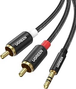 UGREEN Cabo de Áudio RCA, 3,5 mm, 1 metro, Vermelho e Branco, para TV, Fone de Ouvido e Sistema de Som, 4 Pinos, Macho-Macho, Trançado, Náilon, 1 Unidade
