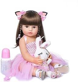 Bebê Reborn Boneca Menina de Silicone Original Pode dar Banho (Menina Coelho 55cm)