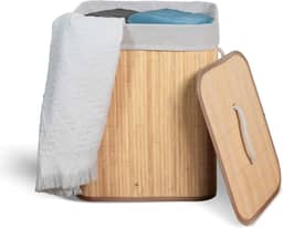 Cesto De Roupa Suja com Alças Em Bambu Com Tampa Forrado Banheiro Lavanderia Quarto