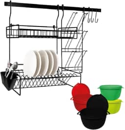 Escorredor de Louças Suspenso Organizador com Porta Talheres + 4 Potes- Aço (PRETO)