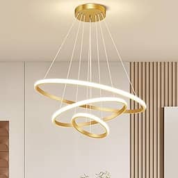 Luminária Pendente LED Moderna 3 Anéis 72W, Redonda Embutida, Regulável, 3 Cores de Luz (3000K/4000K/6000K), Altura Ajustável, Design Luxuoso para Sala, Quarto ou Escritório (Dourado)