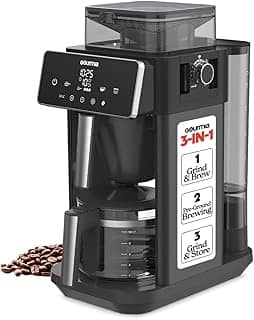 Gourmia Cafeteira para moer e preparar 10 xícaras – Moedor ajustável embutido, temporizador digital programável, 3 pontos fortes, manter aquecido em 4 horas, desligamento automático, pausar e servir