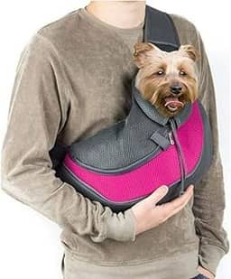 Bolsa Sling Transversal para Pets, Cachorro e Gato, Tecido Respirável, Alça Ajustável, com Bolsos Laterais (Rosa)