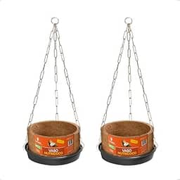 Kit 2 Vaso Planta Completo Fibra Coco Pendurar Prato Corrente N2 Médio Samambaia Orgânico Nutriplan