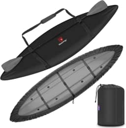 Rosefray Capa de caiaque, capa de canoa impermeável espessa 420D com suporte de remo, alça de ombro confortável, capa resistente a UV para barco de pesca – preta, G (para caiaques de 4 a 4,5 m)