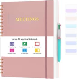 Meeting Notebook for Work, Notebooks for Work 8.5" x 11", Professional Meeting Notes Notebook for Women Men, Large Spiral Notebook with Numbered Page, Sticky Tabs, PVC Pockets for Organization, Pink